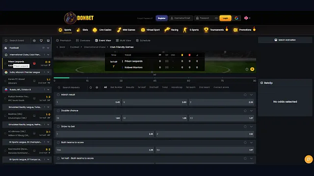 Donbet Sports interface showing a live event, betting markets and bet slip