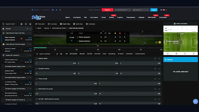 MyStake Live Sports interface showing a live event and in-play betting markets