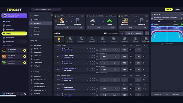 Tenobet In-Play sportsbook interface with the Ice Hockey category visible