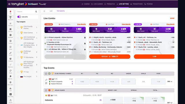 TonyBet Live Betting tab showing sport filters and live betting markets