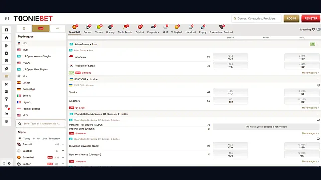 Tooniebet live sportsbook interface with the Hockey filter visible