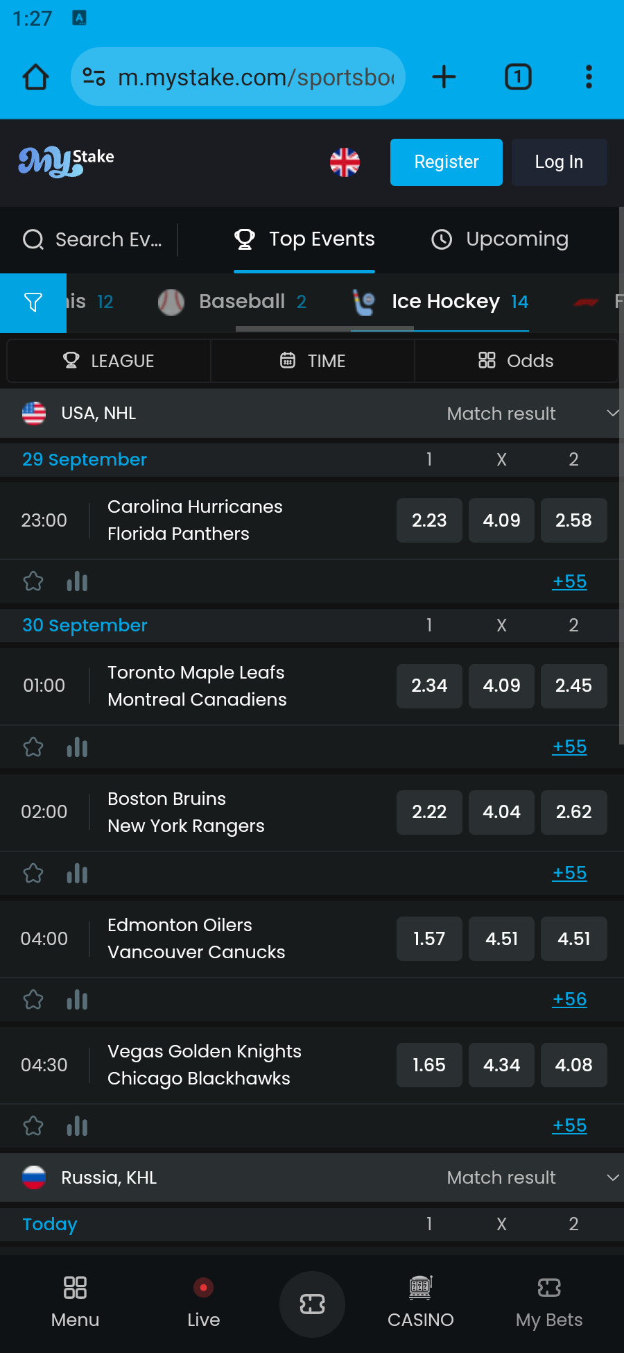 MyStake mobile website in Android Chrome showing NHL games and match-result odds