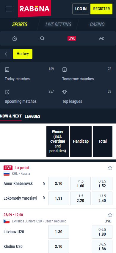 Rabona mobile website showing hockey navigation, a live match and pre-game odds