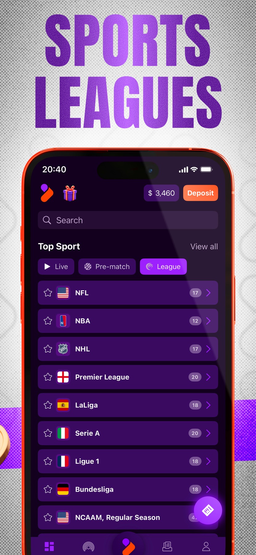 Tonybet iPhone App Store promotional preview showing NHL in the sports leagues list