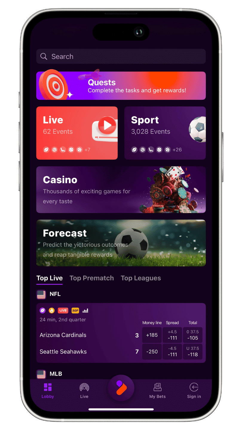 Tonybet app home screen with Live, Sport, Casino and Forecast shortcuts and a sports odds board