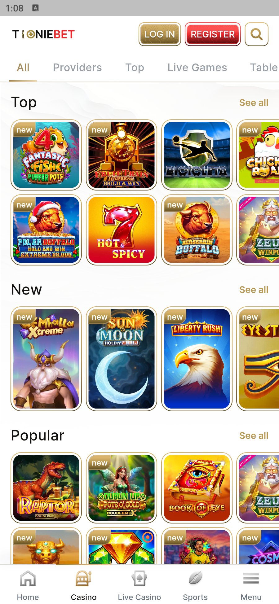 Original Tooniebet Android emulator screenshot showing the public casino tab, category shortcuts and game tiles
