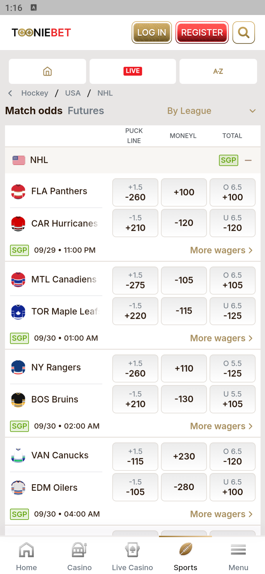 Tooniebet Android app NHL board showing hockey games with puck line, moneyline and total columns