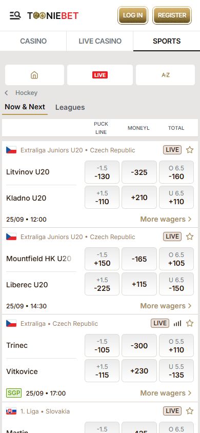 Tooniebet mobile website showing a hockey game list with puck line, moneyline and totals columns