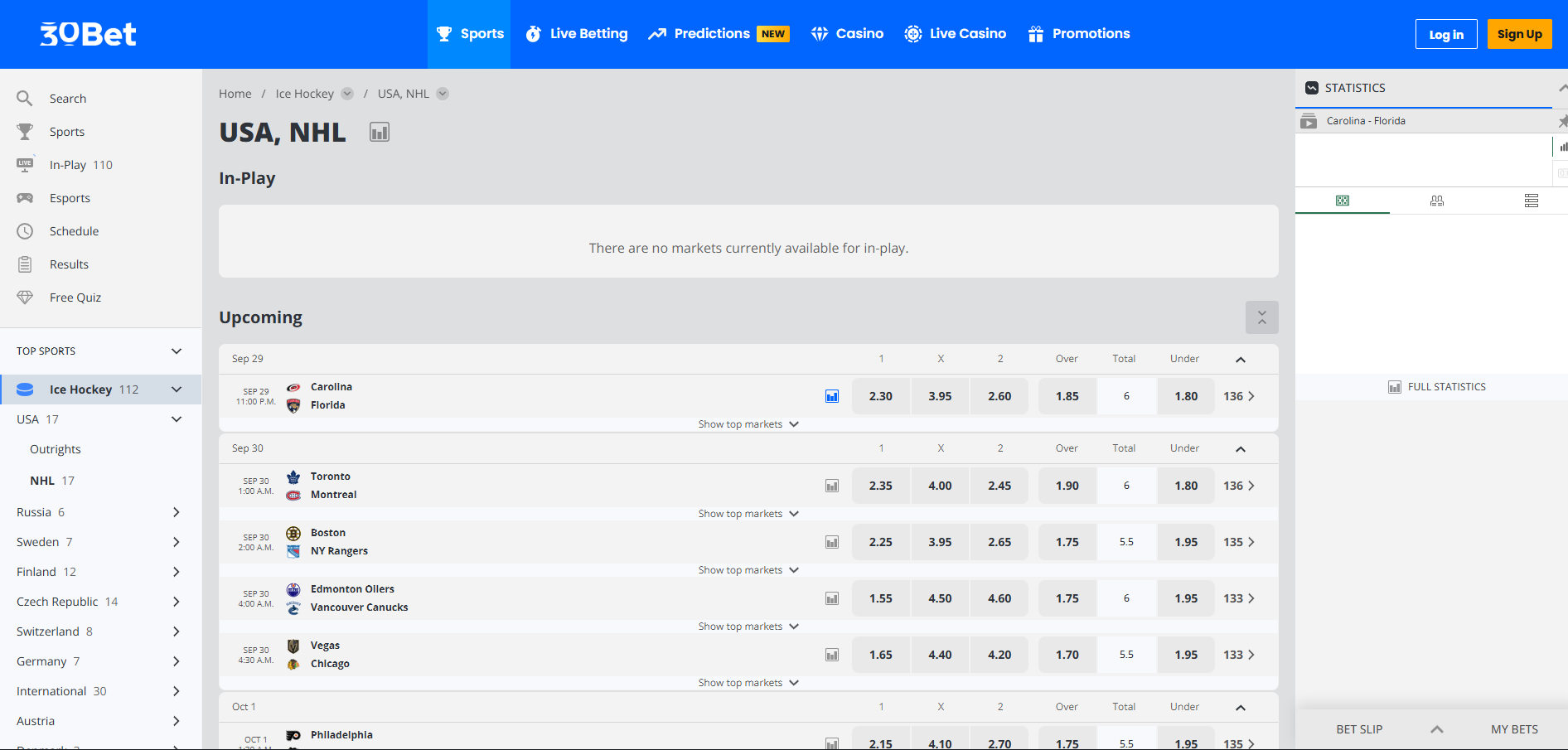30Bet sportsbook interface captured during the account test