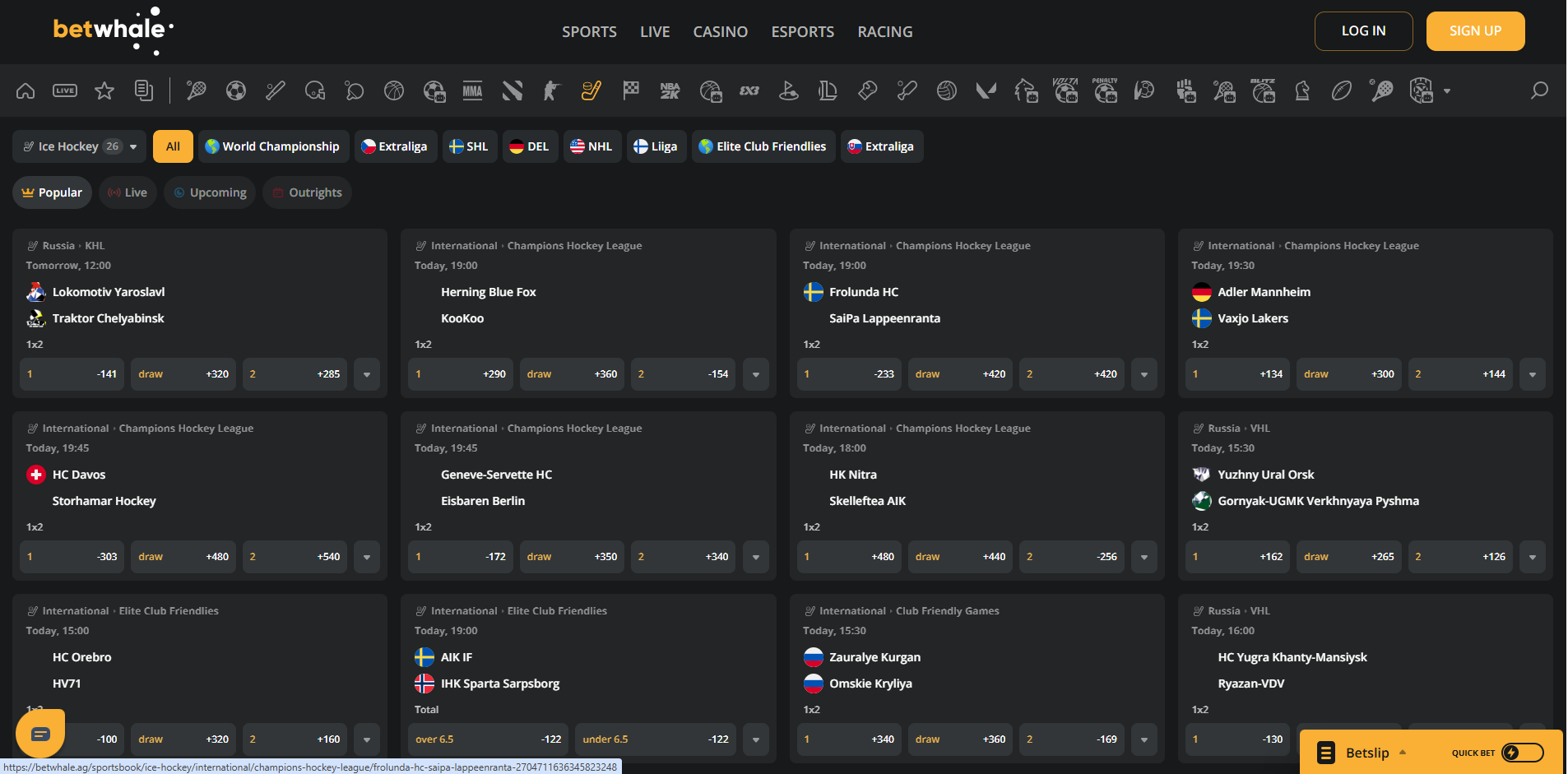 Betwhale sportsbook interface captured during the account test