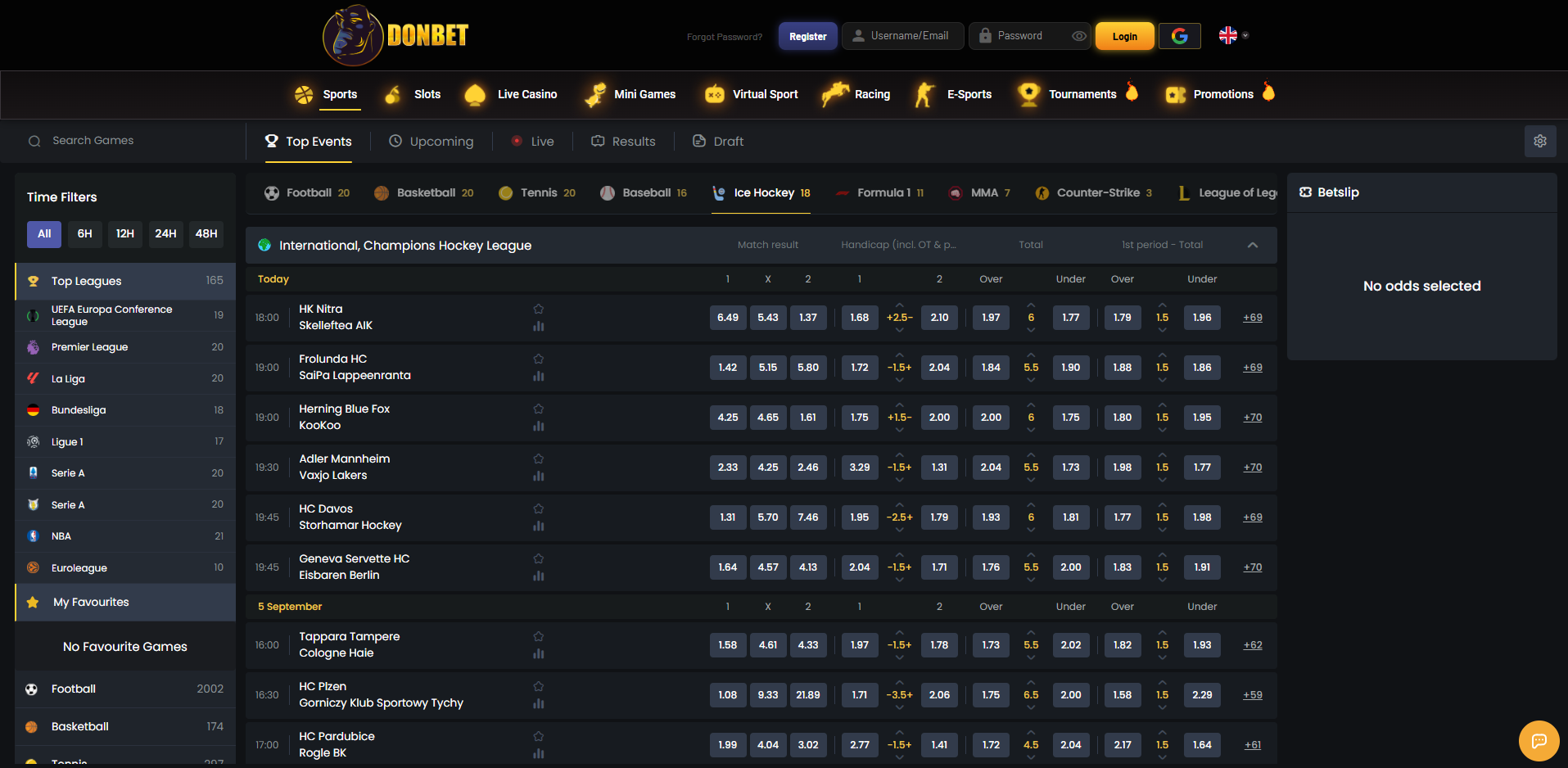 Donbet sportsbook interface captured during the account test
