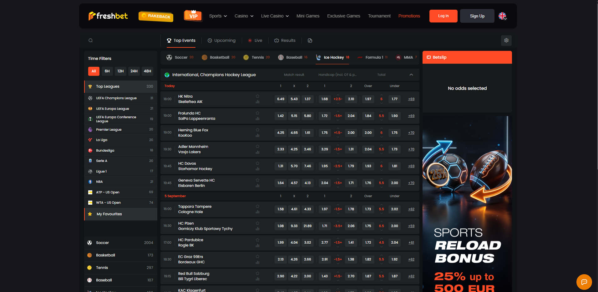 Freshbet sportsbook interface captured during the account test
