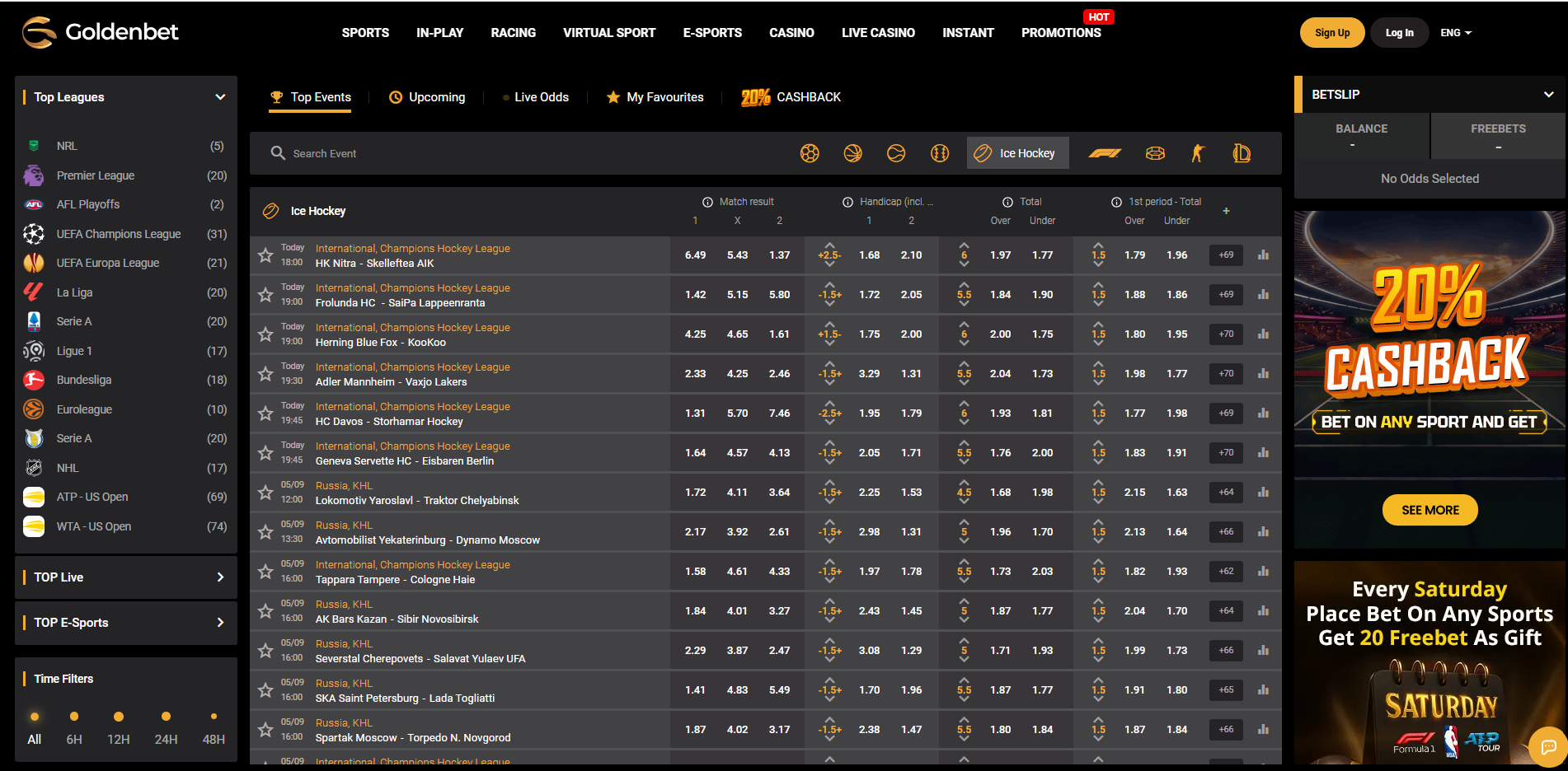 Goldenbet sportsbook interface captured during the account test