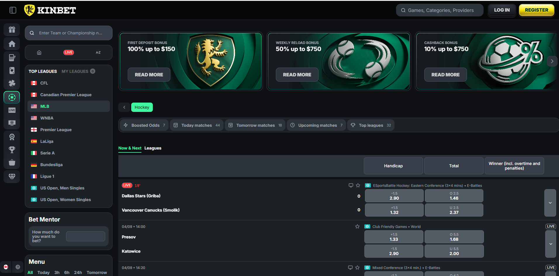Kinbet sportsbook interface captured during the account test
