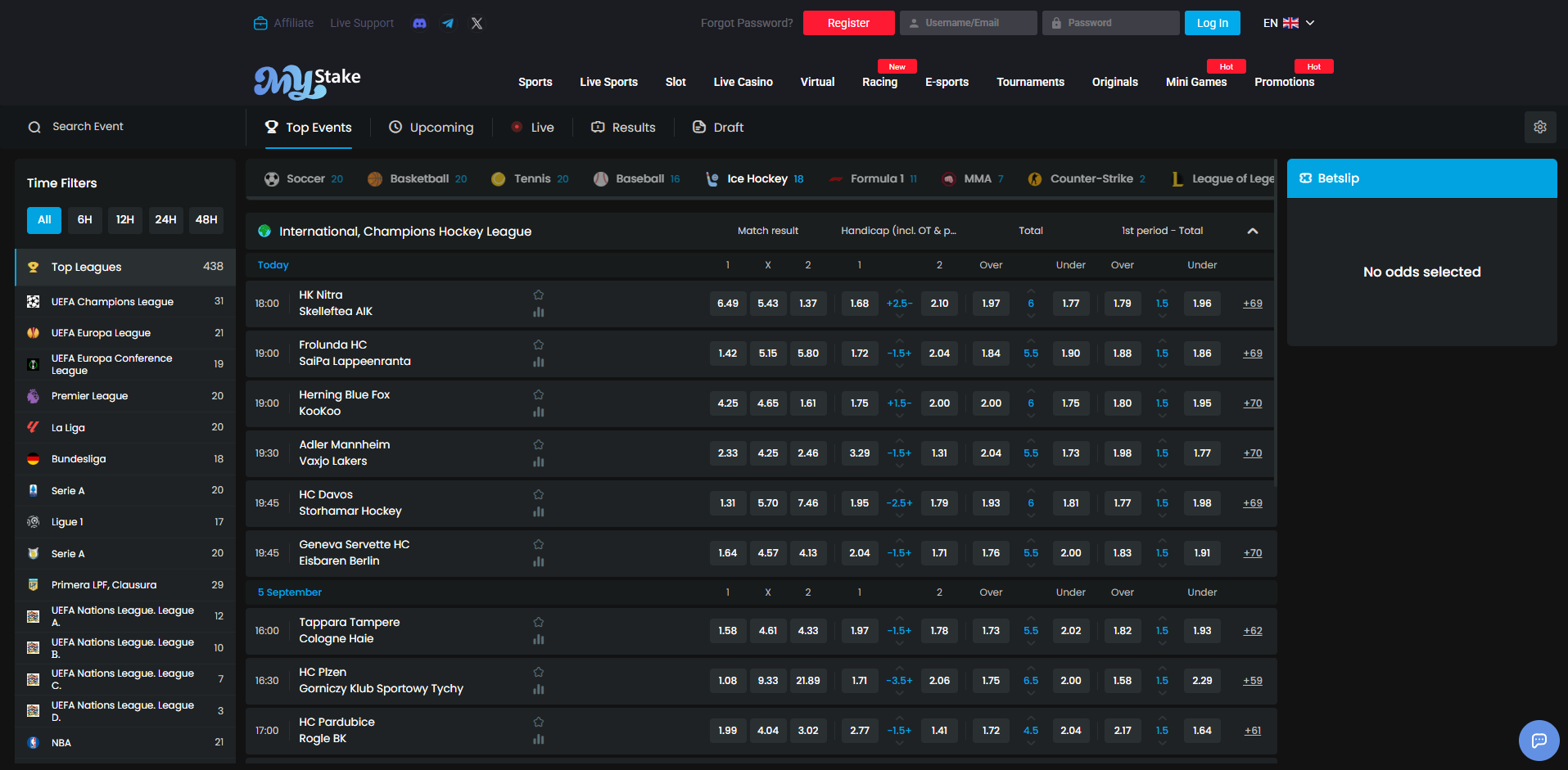 MyStake sportsbook interface captured during the account test