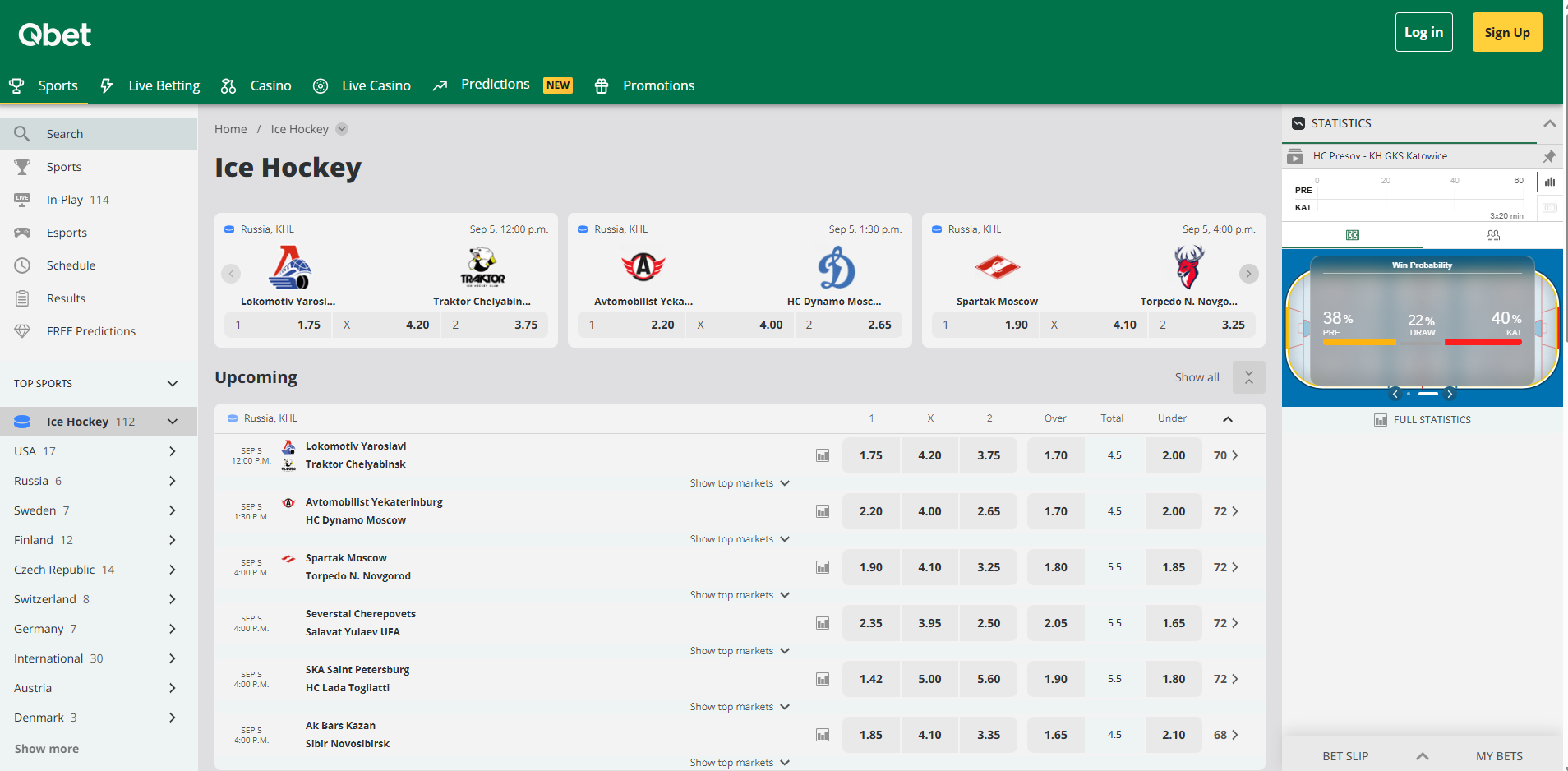 Qbet sportsbook interface captured during the account test