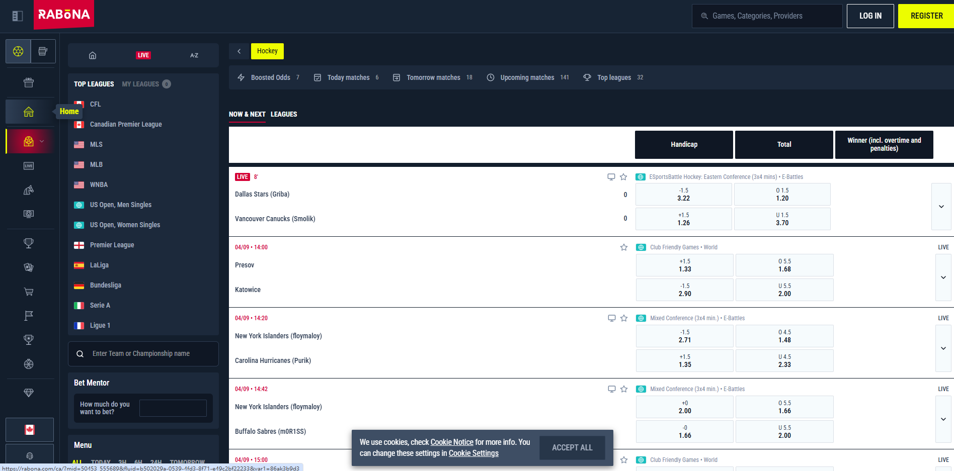 Rabona sportsbook interface captured during the account test