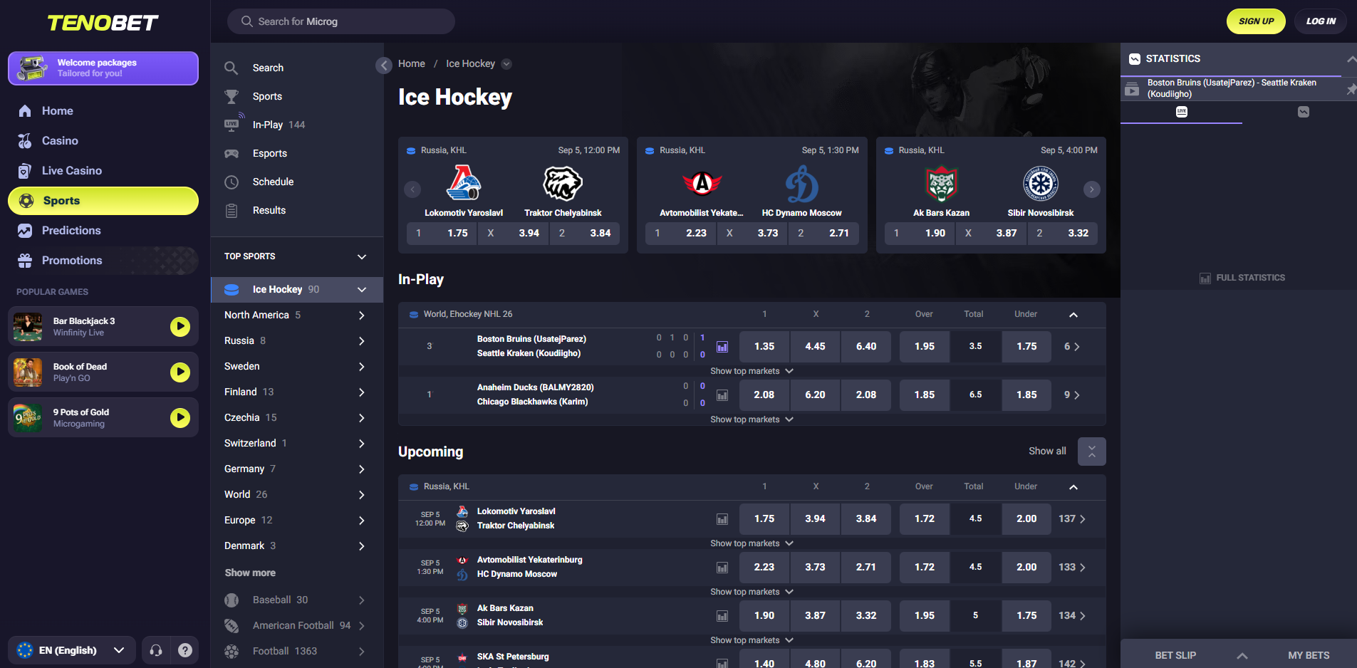 Tenobet sportsbook interface captured during the account test