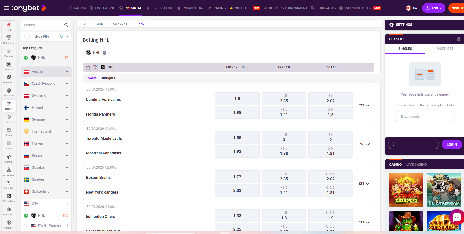 Tonybet sportsbook interface captured during the account test