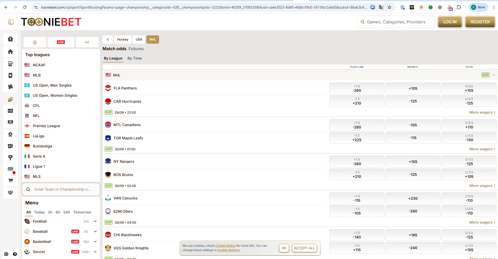 Tooniebet sportsbook interface captured during the account test